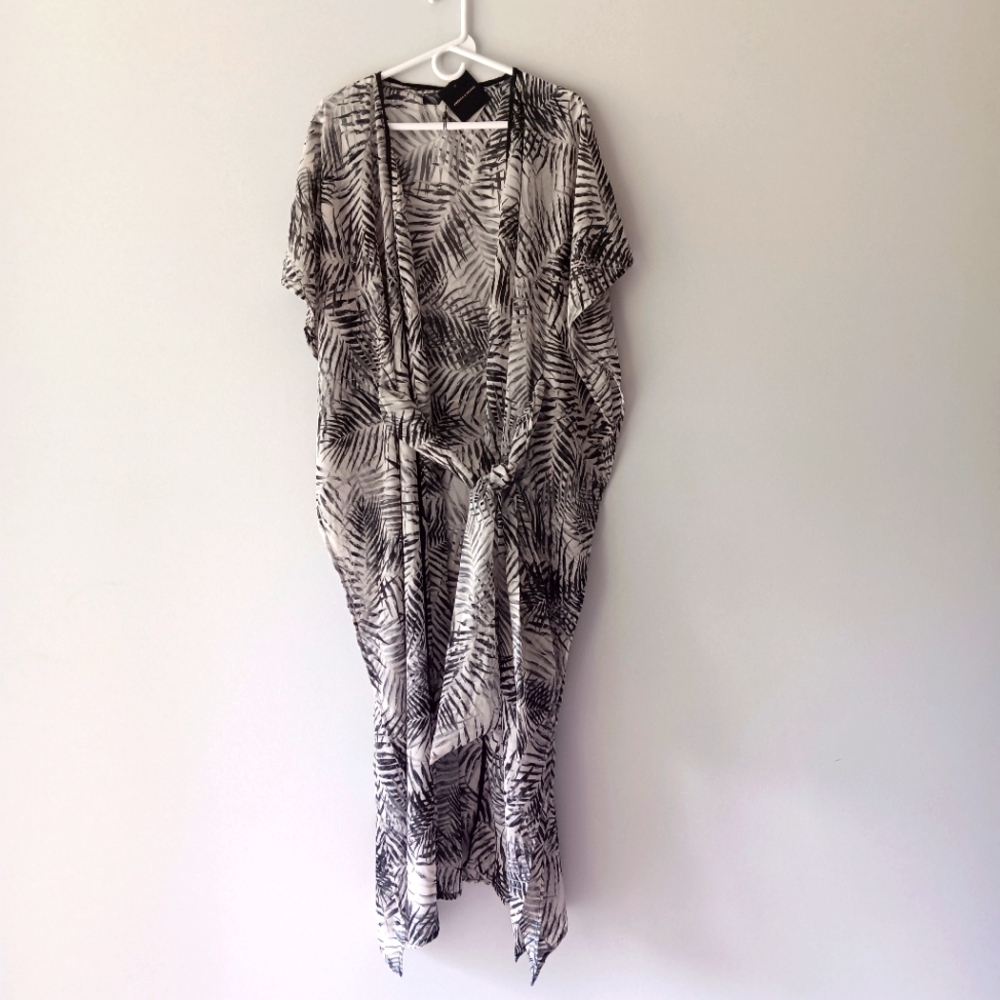 NEW America & Beyond Gris Maxi Kimono Semi-Sheer Short Dolman Sleeve Flowy Large